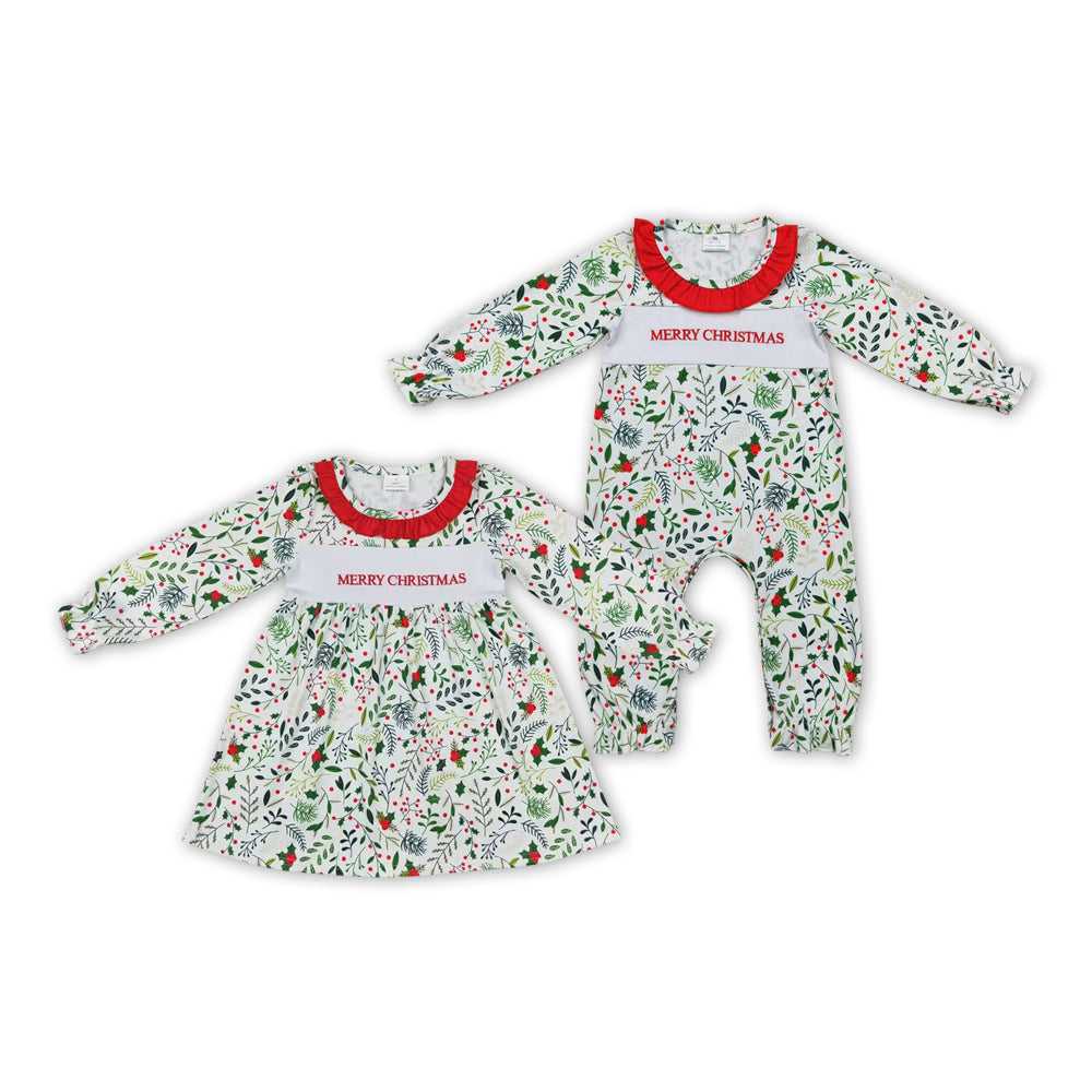 Baby Girls Sister Merry Christmas Holly Dress and Romper