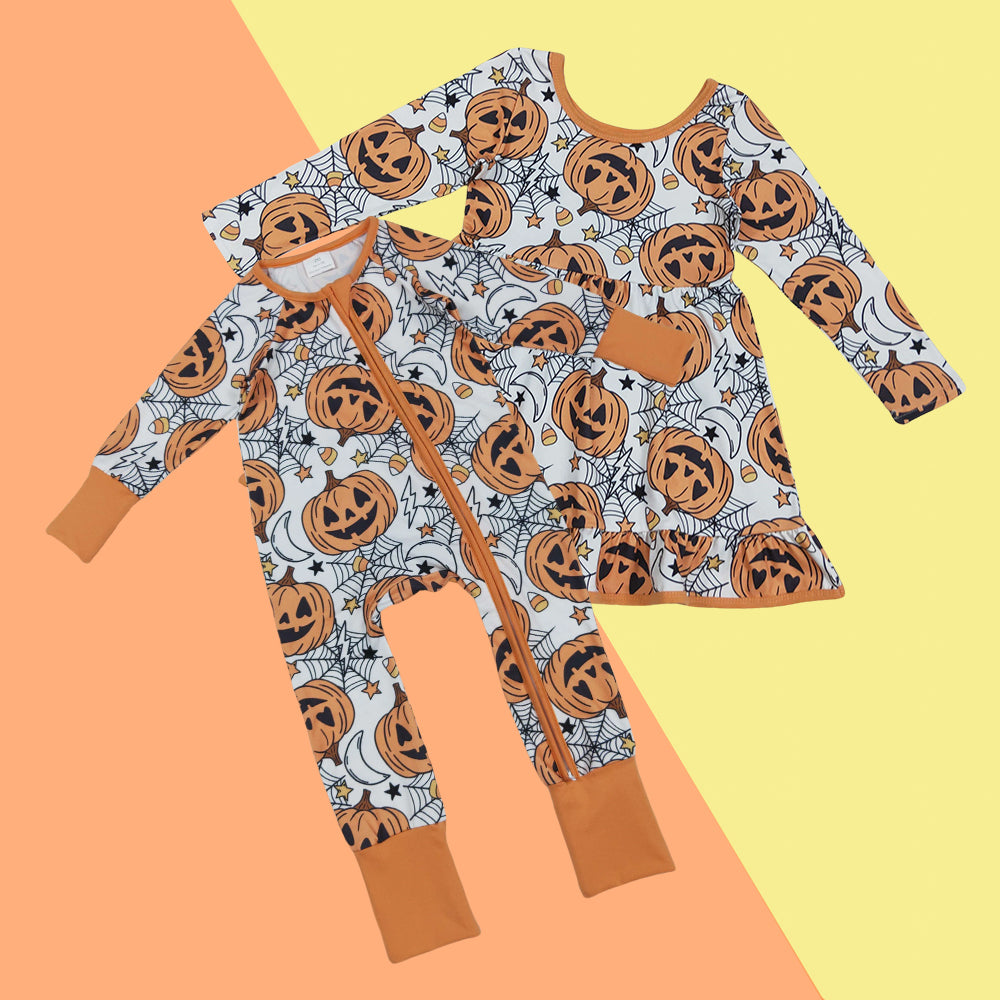 Sibling Baby Girls Halloween Pumpkin Dress and Romper