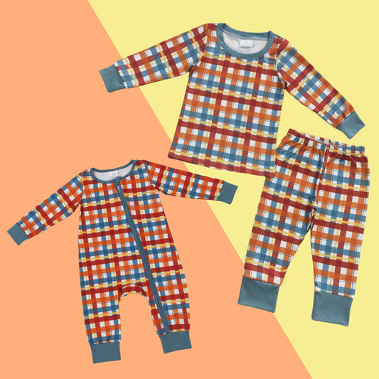 Sibling Baby Boys Thankgiving Plaid Pajama Set /Zippy Romper