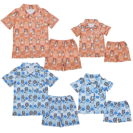 Sibling Mama And Me Peach Plaid Short Sleeves Button Down Cartoon Blue Dogs Top Shorts Pajamas Set