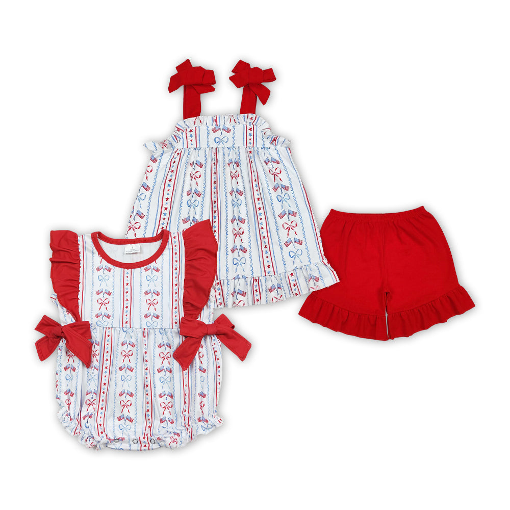 4th of July Patriotic Sibling  Vintage Bow Flag Ser and Romper