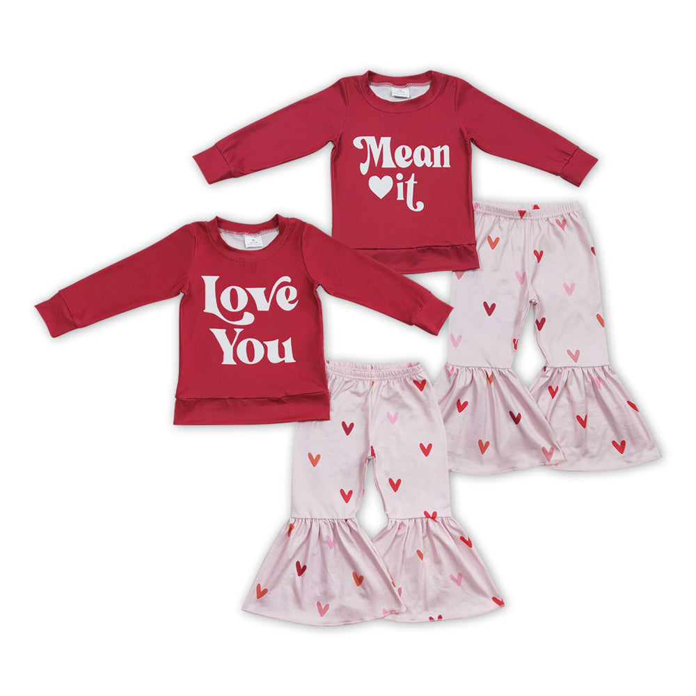 Sibling Baby Girls Valentine's Day Outfit Love you Mean It Bell Bottom Pants Outfit