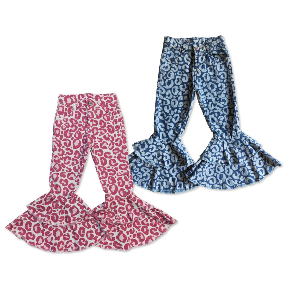 Baby Girls Pink Blue Leopard Dubble Ruffle Falre Denim Jeans