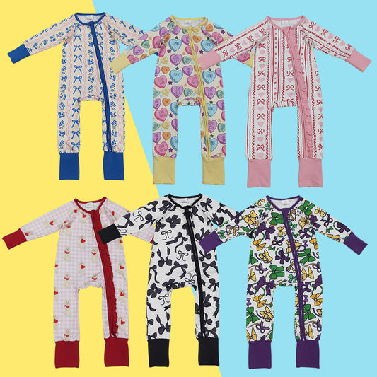 Sibling Baby Girls Heart Bows Long Sleeve Two Way Zipper Convertible Rompers