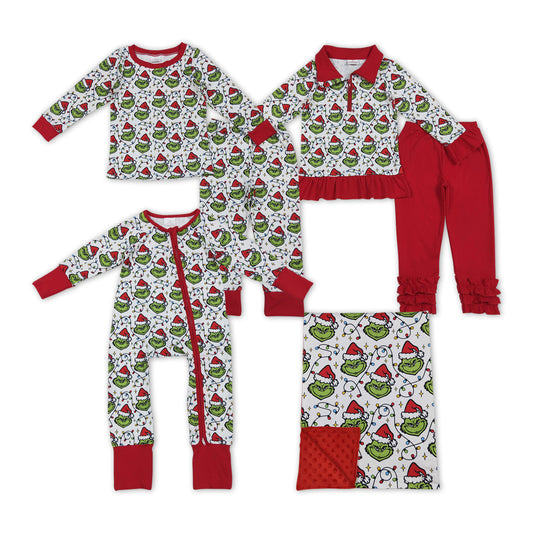 Sibling Baby Girls/Boys Christmas Colorful Light Green Face Sleep Wear/Icing Leggings Set/Blanket