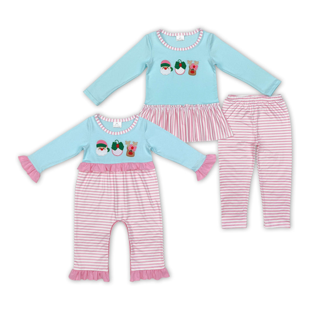 Toddler Girls Sister Christmas Santa Elk Pink Striped Outfit and Romper