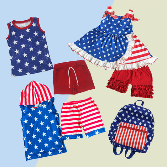 Red White Blue Stars Striped July 4th Sibling Outift