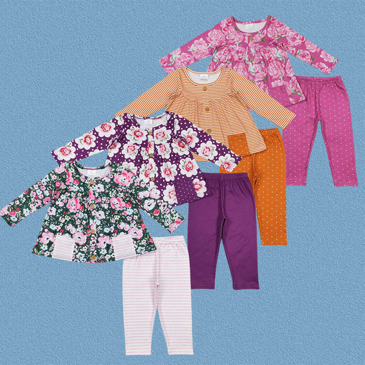 4 Color Sibling Girls Vintage Floral Tunic Top With Leggings Outfit