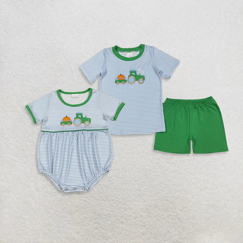 Sibling Baby Boys Blue Striped Pumpkin Truck Applique Top With Shorts Set /Romper