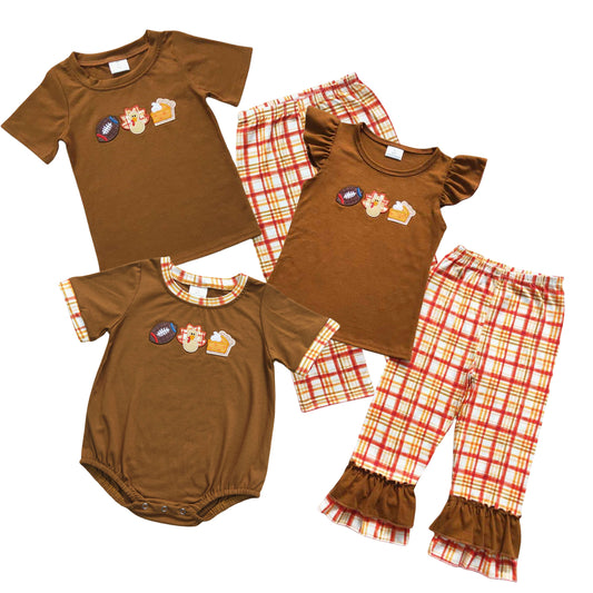 Sibling Girls Boys Thanksgiving Embroidery Football Turkey Short Sleeve Set and Romper