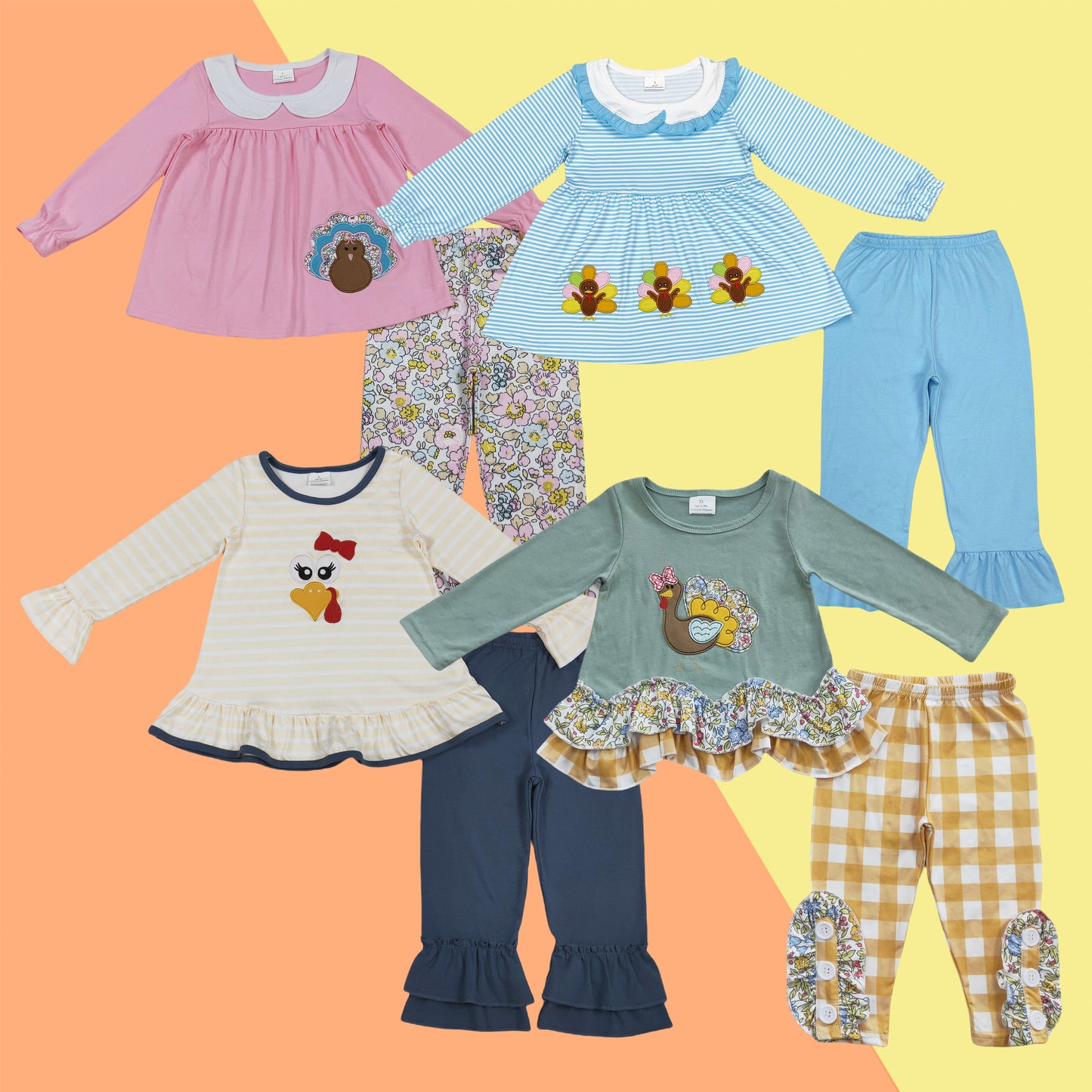 Sibling Baby Girls Thanksgiving Charming Turkey Applique Tunic Top With Pants Outfit