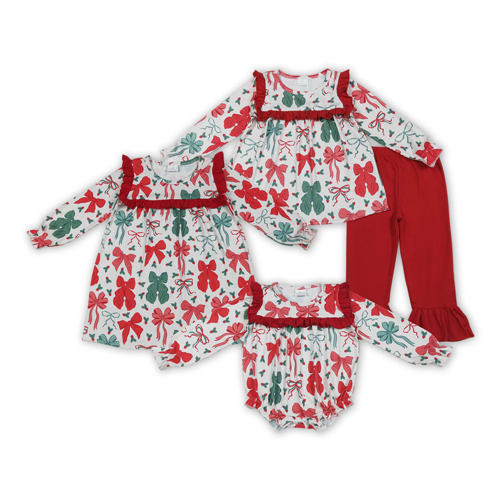 Sibling Baby Girls Christmas Red Green Bow Outfit/Dress/Romper