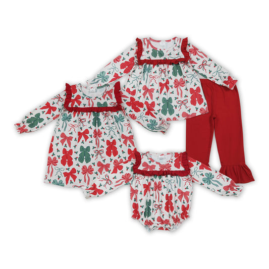 Sibling Baby Girls Christmas Red Green Bow Outfit/Dress/Romper