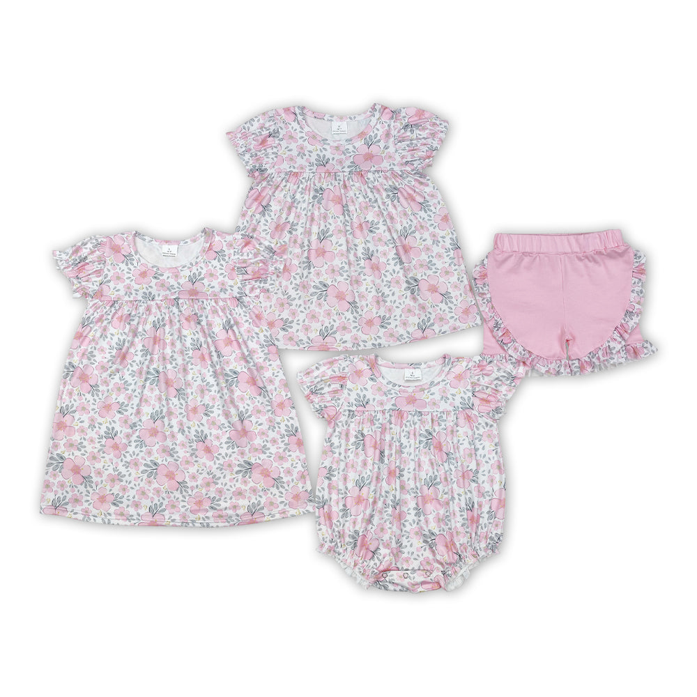 Sibling Baby Girls Sister Pink Flower matching Clothes Summer