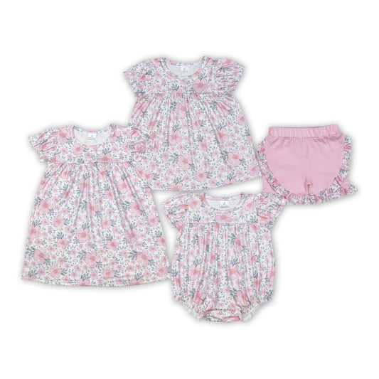 Sibling Baby Girls Sister Pink Flower matching Clothes Summer