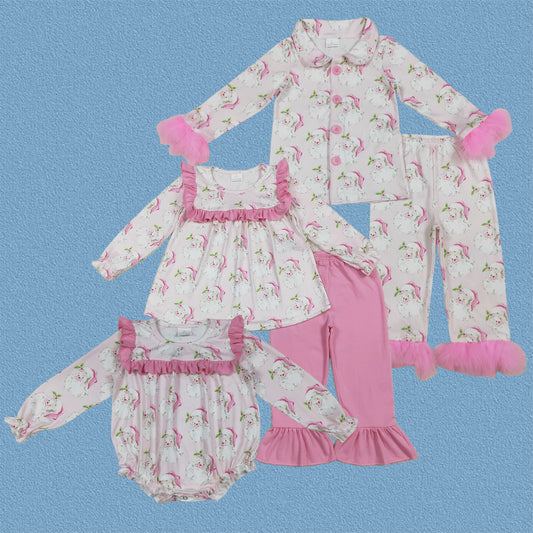 Sibling Baby Girls Christmas Pink Santa Pajama Set /Tunic Outfit /Bubble Romper