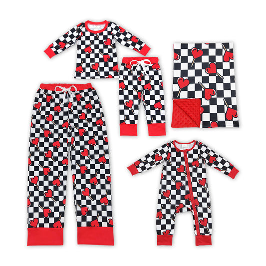Sibling Baby Boys Valentine's Day Heart lollipop Checked Pajamas /Blanket