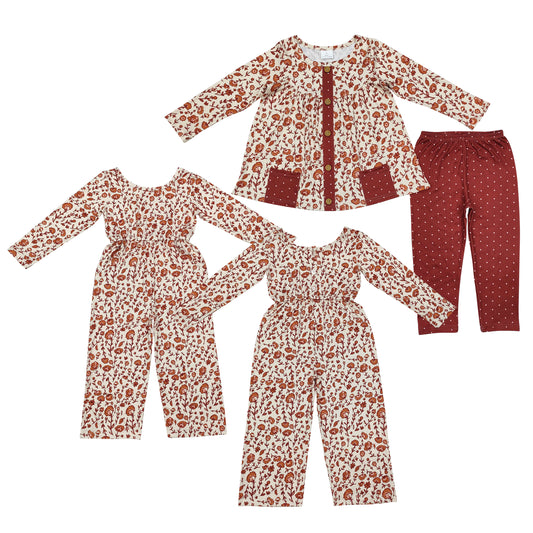 Baby Girls Sister Fall Brown Flowers Tunic Legging Set and Jumpsuit