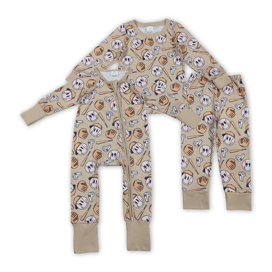 Sibling Baby Boys Baseball happy Face Long Sleeve Pajama Set /Zipper Romper