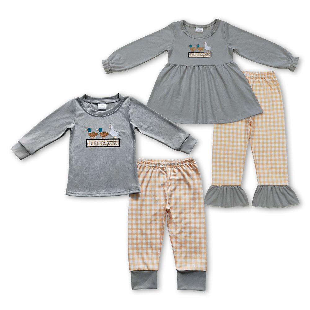 Baby Sibling Embroidery Duck  Goose Tunic Pants Plaid Clothes Sets