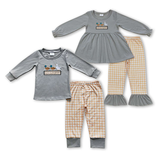 Baby Sibling Embroidery Duck  Goose Tunic Pants Plaid Clothes Sets