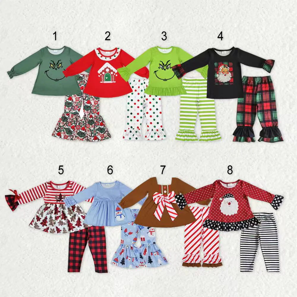 Sibling Baby Girls Santa Snowman Green Face Tunic Pants Christmas Clothes Sets