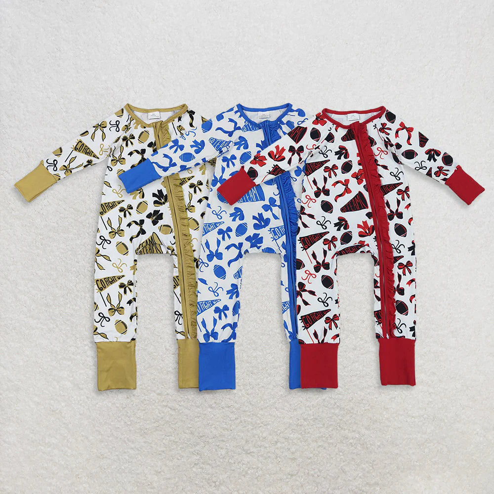 Sibling Baby Girls Long Sleeves Bows Footballs Go Team Ruffle Zipper Footie Rompers