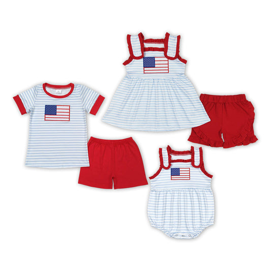 Sibling July 4th Embroidery USA Flag Outfit and Romper