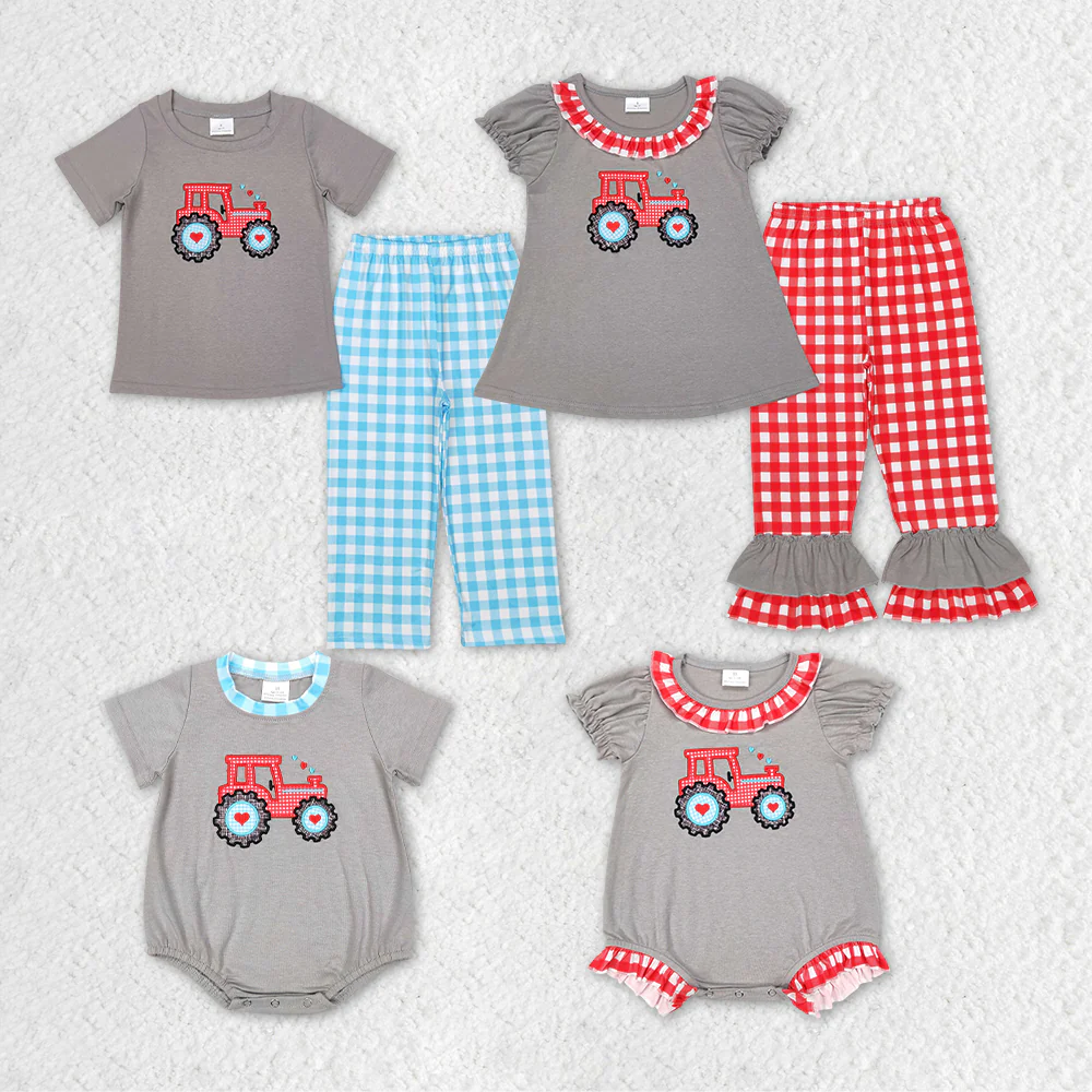 Sibling Girls and Boys Valentine's Day  Heart Truck Matching Outfit and Romper