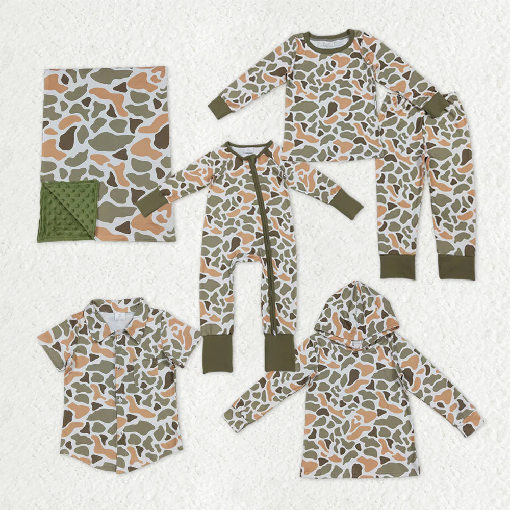 Sibling Baby Boys Green Camo Long Sleeve Pajama Set /Romper /Blanket