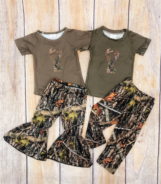 Sibling Baby Kids Olive Camo Deer top Bell Bottom Pants Western Outfit