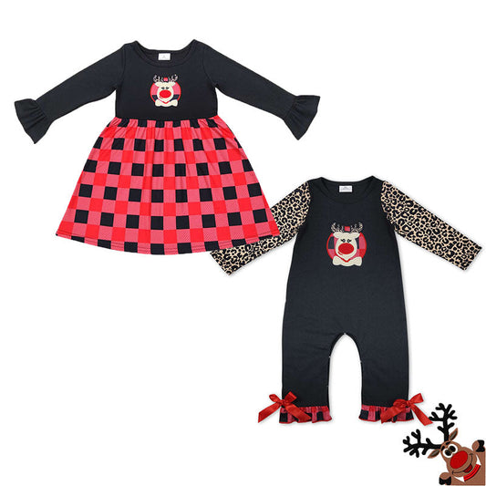 Kids Girls Christmas Reindeer Dress Matching Romper