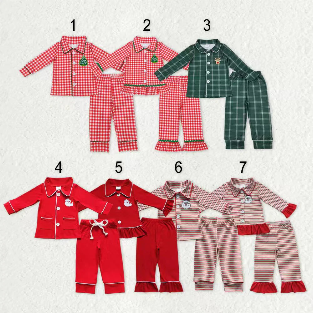 Sibling Baby Girls Chrismtas Embroidery Buttons Top Pants Pajama Set