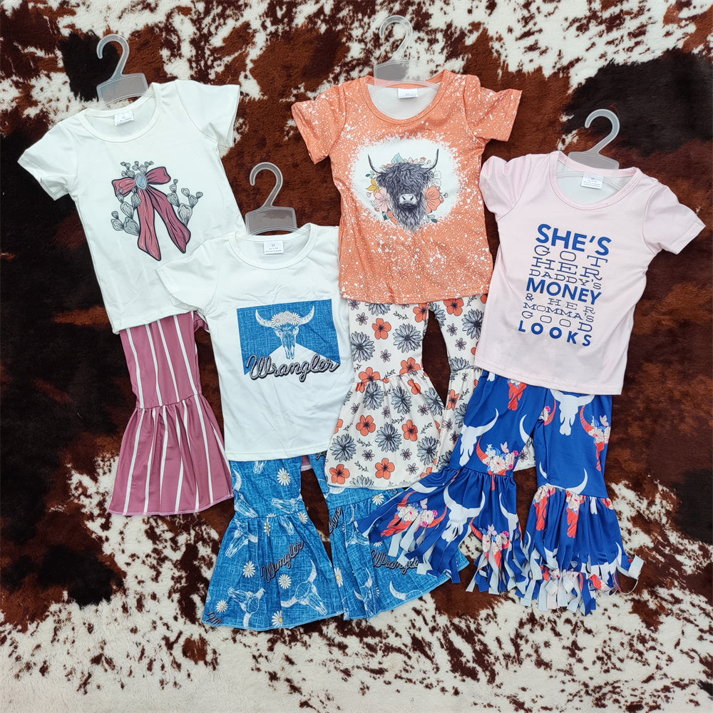 Sibling Baby Girls Western Shirts Top Bell Bottom Pants Outfits