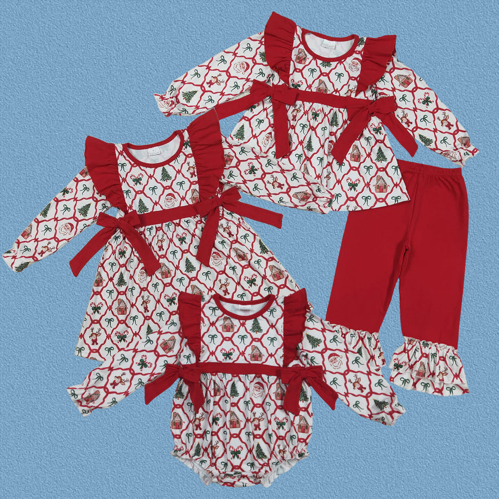 Sibling Baby Girls Christmas Tree Bos Santa Outfit/dress/romper