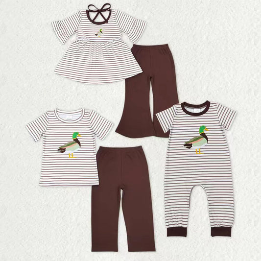 Sibling Baby Applique Duck Striped Top Pants Outfit Romper