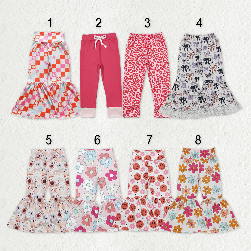 Sibling Baby Girls Colorful Flowers Bows Ruffle Bell Bottom  Pants