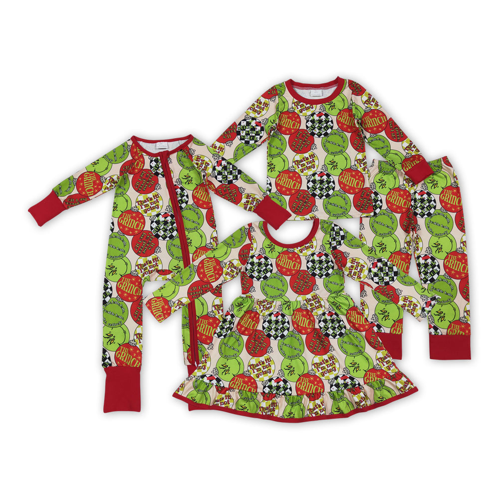 Sibling Baby Christmas Green Face Light Long Sleeve Pajama Set /Dress /Zipper Romper