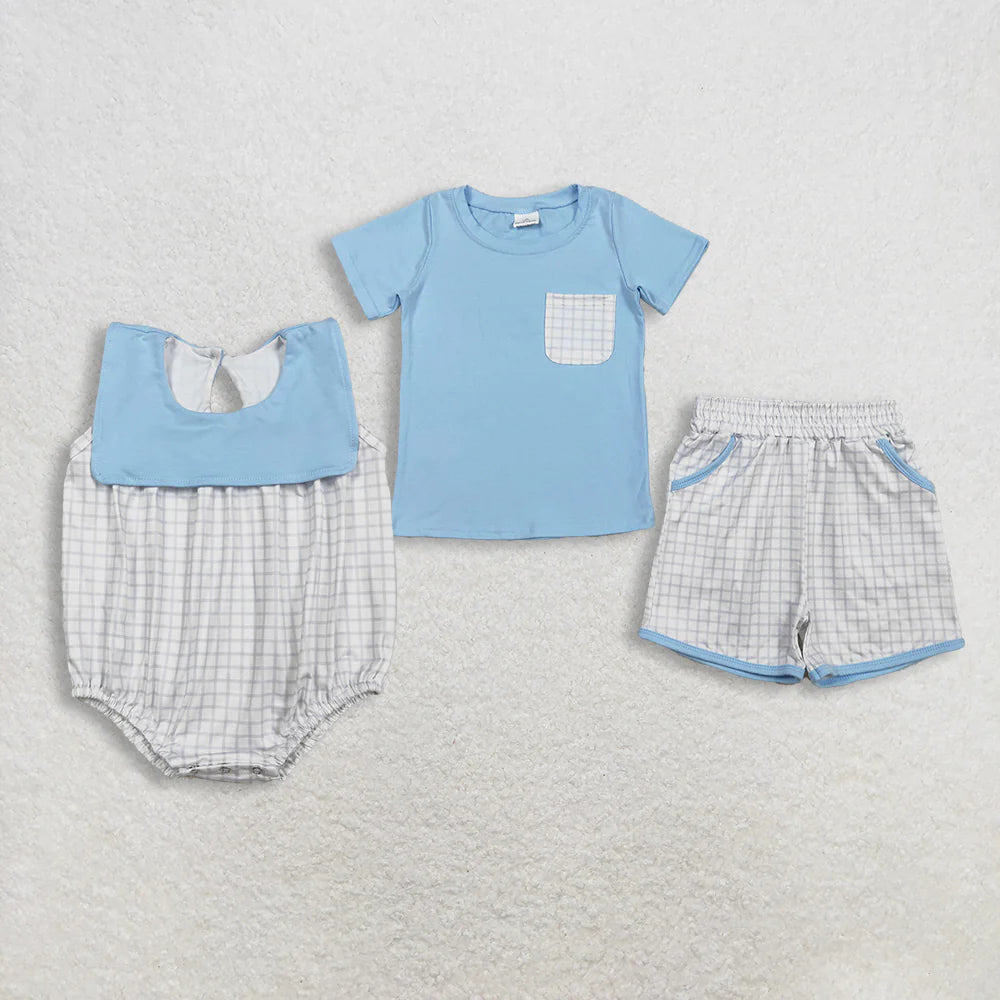 Sibling Baby Boys Blue Top With Pocket Shorts Outfit /Bubble Romper