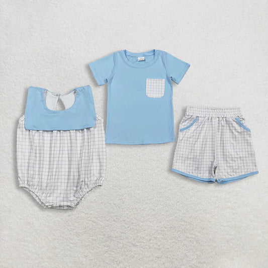 Sibling Baby Boys Blue Top With Pocket Shorts Outfit /Bubble Romper