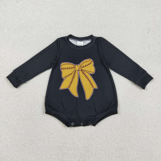Baby Girls Golden Baseball Black Long Sleeve Bubble Romper