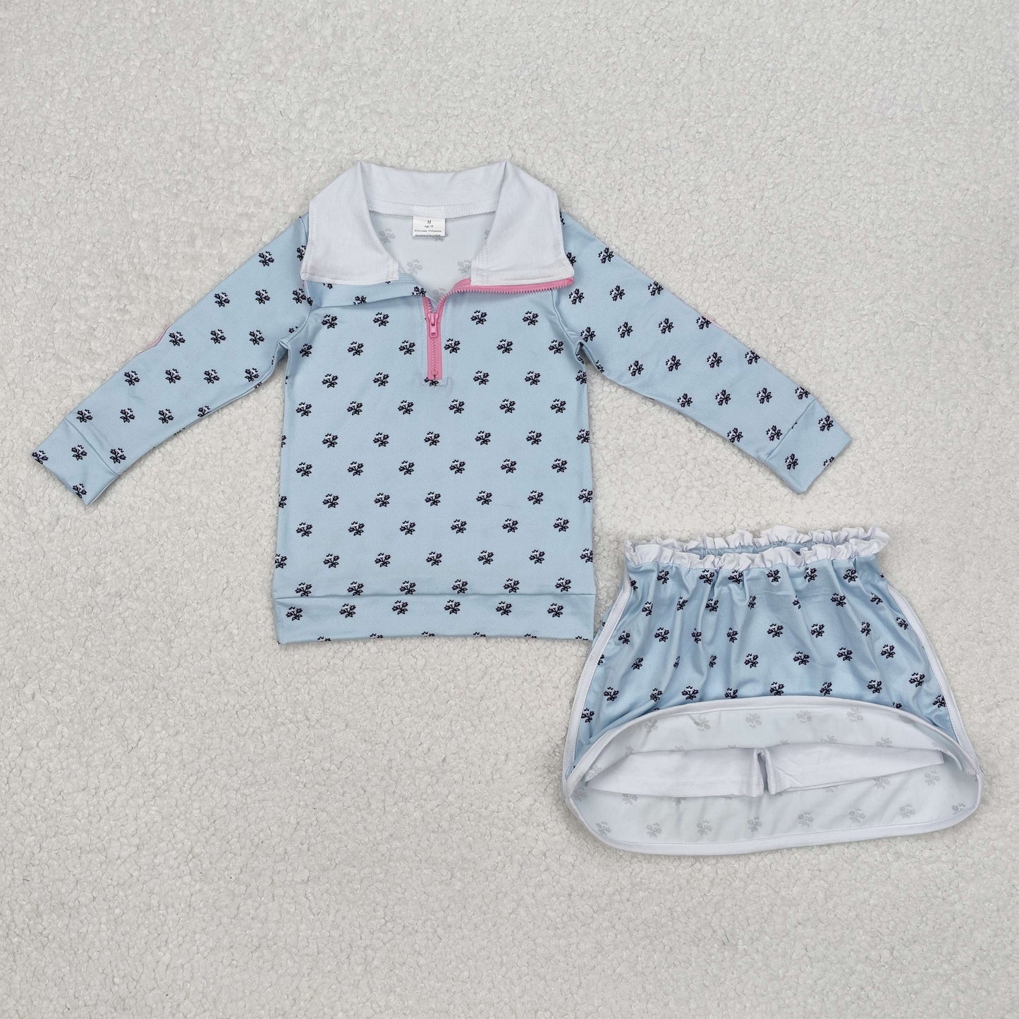 Baby Girls Zipper Pullover Blue Floral Print Top Skirt With Shorts Set