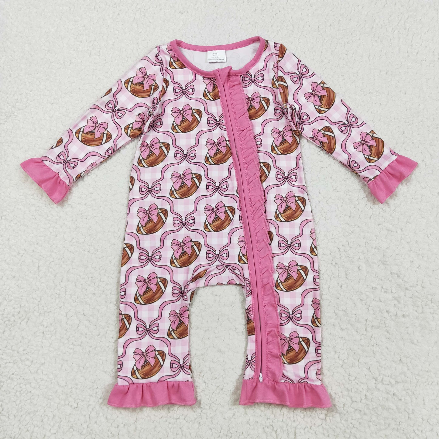 LR2361 Baby Girls Football Trellis Bow Long Sleeve Zippy Romper With Ruffle