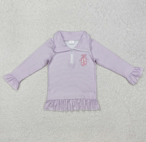 Sibling Baby Girls Stripe Long Ruffle Sleeves Embroidery Bows Shoes Zipper Pullover Top