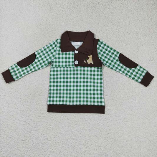 Baby Boys Brown Green Plaid Long Sleeves Embroidery Duck Dog Polo Shirt Top