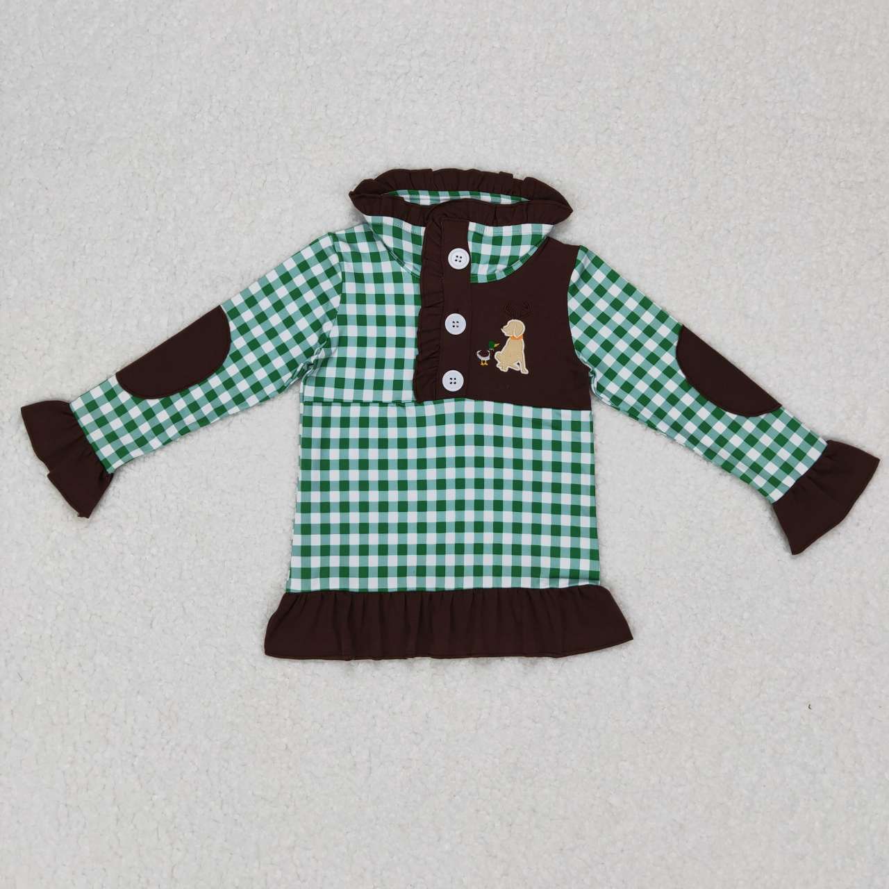 Baby Girls Brown Green Plaid Long Ruffle Sleeves Embroidery Duck Dog Polo Shirt Top