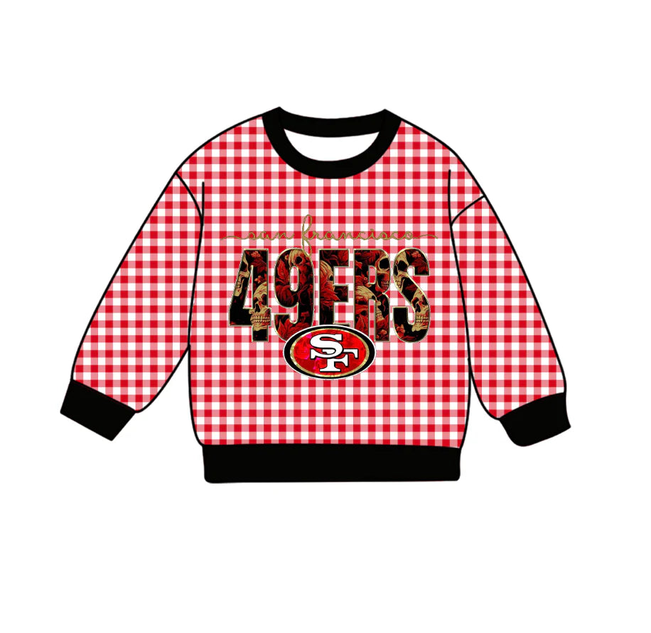 Preorder , 5 MOQ Baby Girls  Sport Team SF Red GIngham Long Sleeve Top
