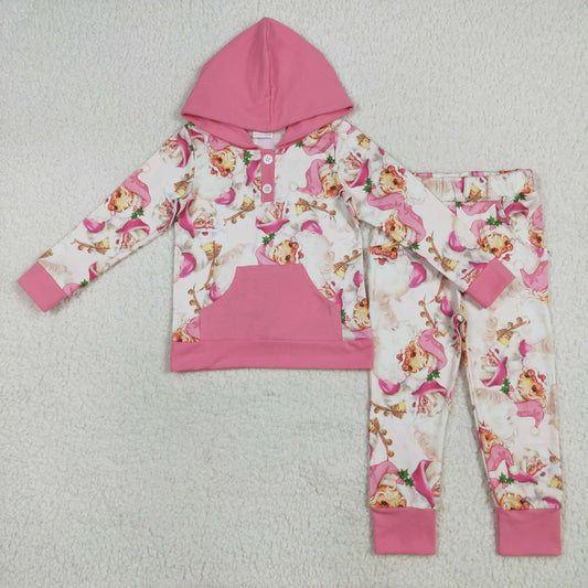 Baby Girls Christmas Santa Pink Hoodie Top Pants Outfit