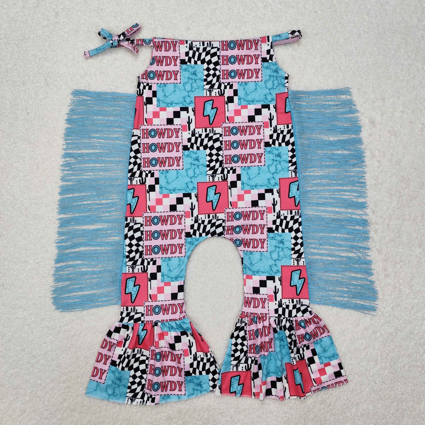 Baby Girls Strap HOWDY Blue Tassel Plaid Jumpsuits