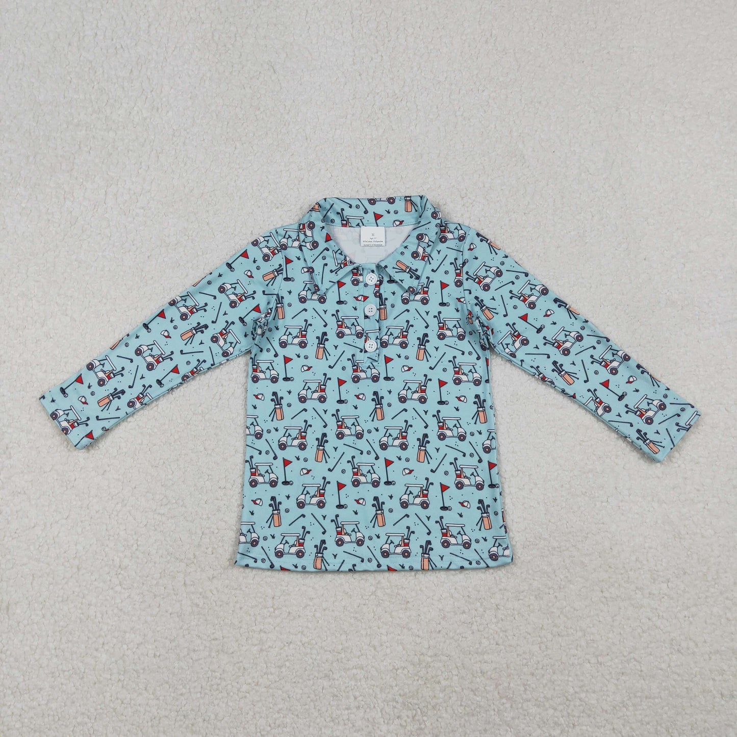 Baby Boy Golf Print In Blue Long Sleeve Polo Shirt
